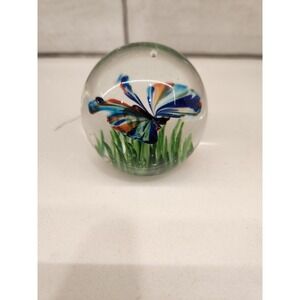 Dynasty Gallery‎ Since 1951 Art Glass Clear Paperweight Blue Butterfly In Grass